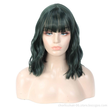Wholesale Machine Made Water Wave Pink Wig With Bangs Cheap Cosplay Pixie Curls Short Bob Synthetic Hair Wigs With Highlights